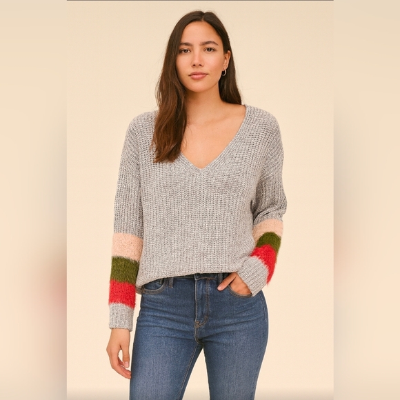 Ultra Flirt Sweaters - Ultra Flirt Gray V-Neck Sweater with Colorful Sleeves, Womens Large